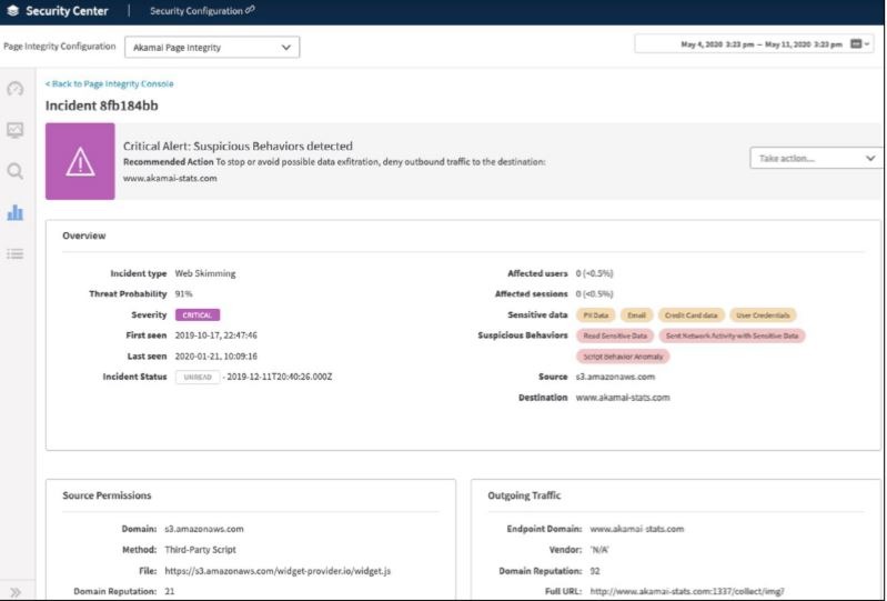 Page Integrity Manager provides real-time, actionable alerts of suspicious behavior using real user data. Page Integrity Manager provides real-time, actionable alerts of suspicious behavior using real user data.