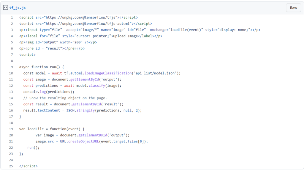Google Cloud Vertex AI -使用 javascript 預測:在 model 的資料夾中新增 index.html,並貼上以下程式碼。 Google Cloud Vertex AI -使用 javascript 預測:在 model 的資料夾中新增 index.html,並貼上以下程式碼。