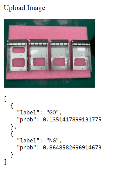 Google Cloud Vertex AI -使用 javascript 預測 : 圖片上傳後，預測結果就會顯示在圖片下方。