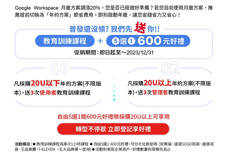 凍漲就是現在! 即刻啟動 Google Workspace 年繳，現省20%費用！Google Workspace 月繳方案調漲20%，您是否已經做好準備？若您目前使用月繳方案，推薦提前切換為「年約方案」節省費用。即刻啟動年繳，讓您省錢省力又省心！免費聯繫羽昇國際專業顧問提供優惠方案協助您節省費用。採購即享好禮:教育訓練課程 +  5選1 -600元好禮