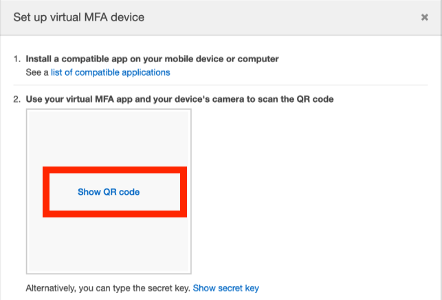 點選Show QR code | 羽昇國際部落格  - 加強AWS安全性的重要一環：多因素身份驗證（MFA）