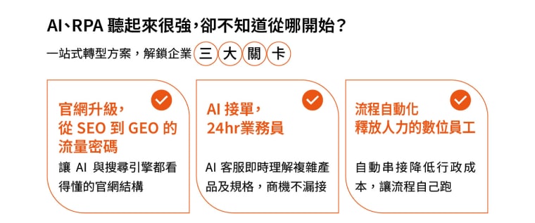 AI、RPA 聽起來很強，卻不知道從哪開始？一站式數位轉型方案，直接解鎖企業三大關卡 ​