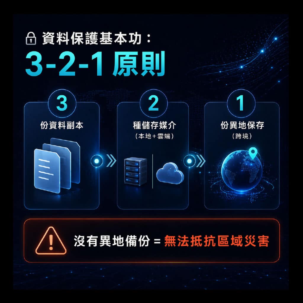 3-2-1 原則：對抗數位災害的基石。3 份副本： 正式資料 + 2 份額外備份。 2 種媒介： 不同儲存技術（如：硬碟 + S3 雲端）。 1 份異地： 跨境保存，對抗區域性災難。