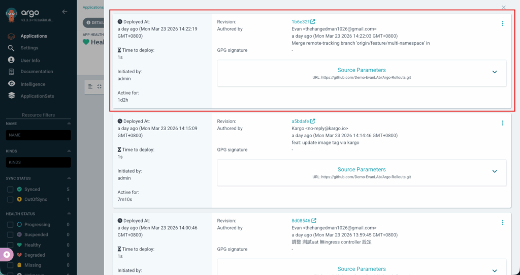 ArgoCD 歷史紀錄與 Rollback 一鍵復原 Git Revision 功能