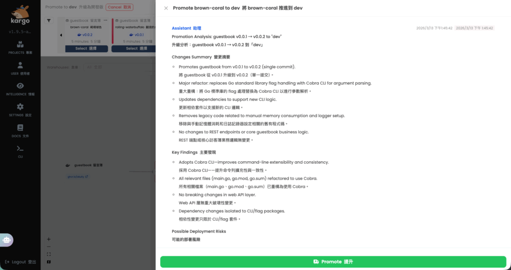 這是 Akuity Intelligence 整合在 Kargo 推進流程中的 AI 能力：在你按下核准之前，自動分析這次 Freight 的版本差異，產出變更摘要與風險評估 (Risk Assessment)。人工核准的關卡依然存在，但按下按鈕的人，手上多了一份 AI 整理好的判斷依據。，讓手動核准決策更具備科學依據。